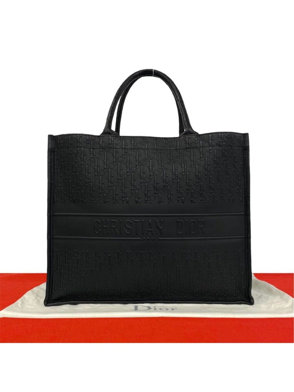 Dior Book Tote Trotter Logo Pattern Embossed Leather Black